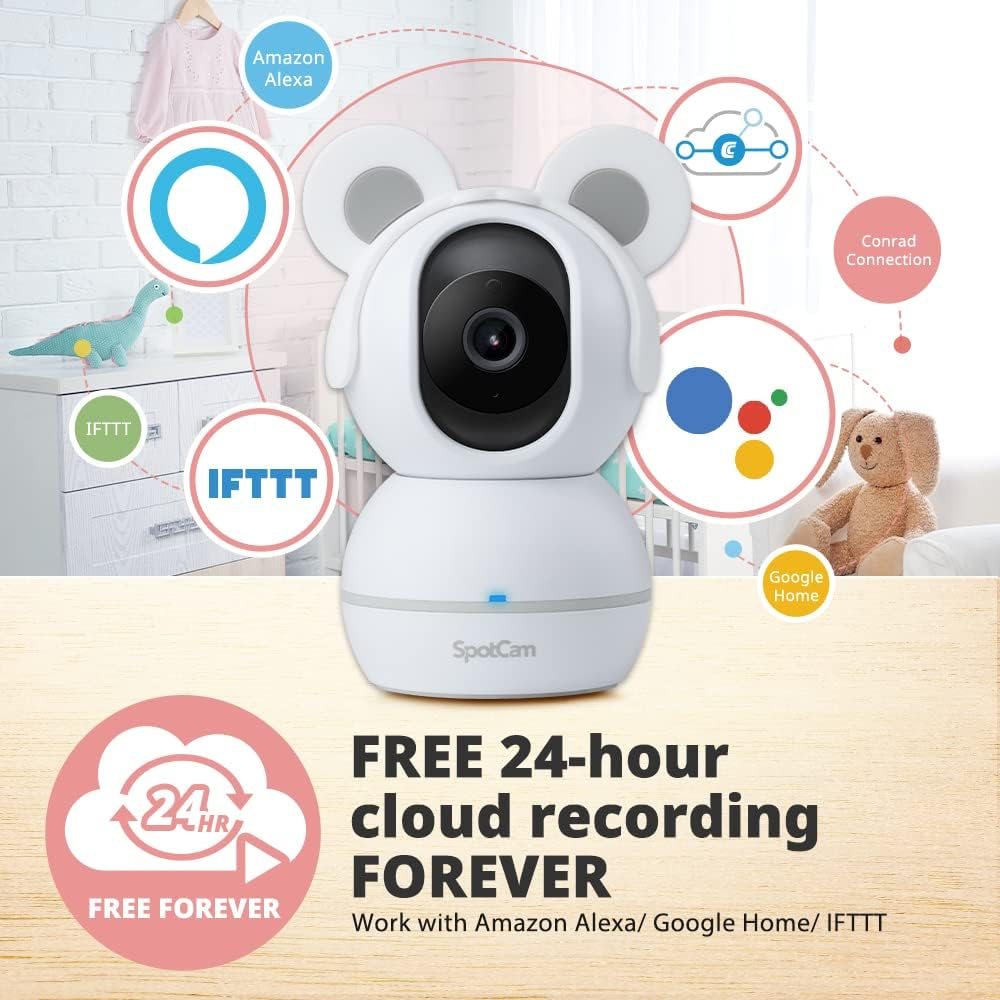 Spotcam Babycam Wireless Security Camera for Baby Monitoring,1080P, Night Vision, Lullabies & White Noise, Two-Way Talk, Motion Sound Alert, Pan/Tilt, Baby Tracking, Free Fulltime Cloud Recording