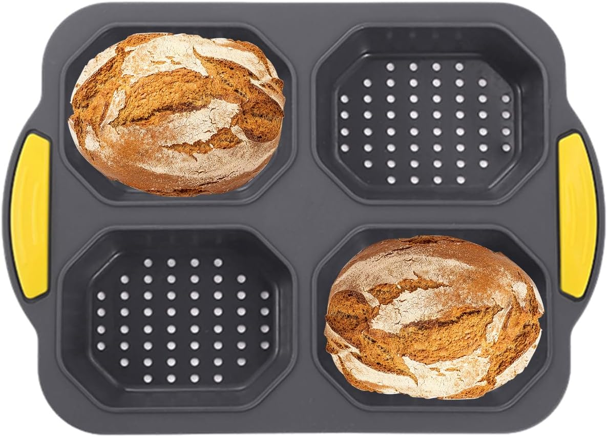 Atrccs Loaf Pan with Four Small Buns, French Bread Loaf Pan, Bread Pan Non-Stick Pan, Easy to Release Household Silicone Food Baking Breakfast Afternoon Tea Romantic Dinner Tool