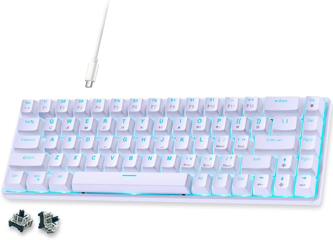 Abucow 60% Mechanical Gaming Keyboard, Black Switch Wired Compact Keyboard with Blue Backlight, Swappable White Keycaps, for Windows/Mac - Blue-White image number 2