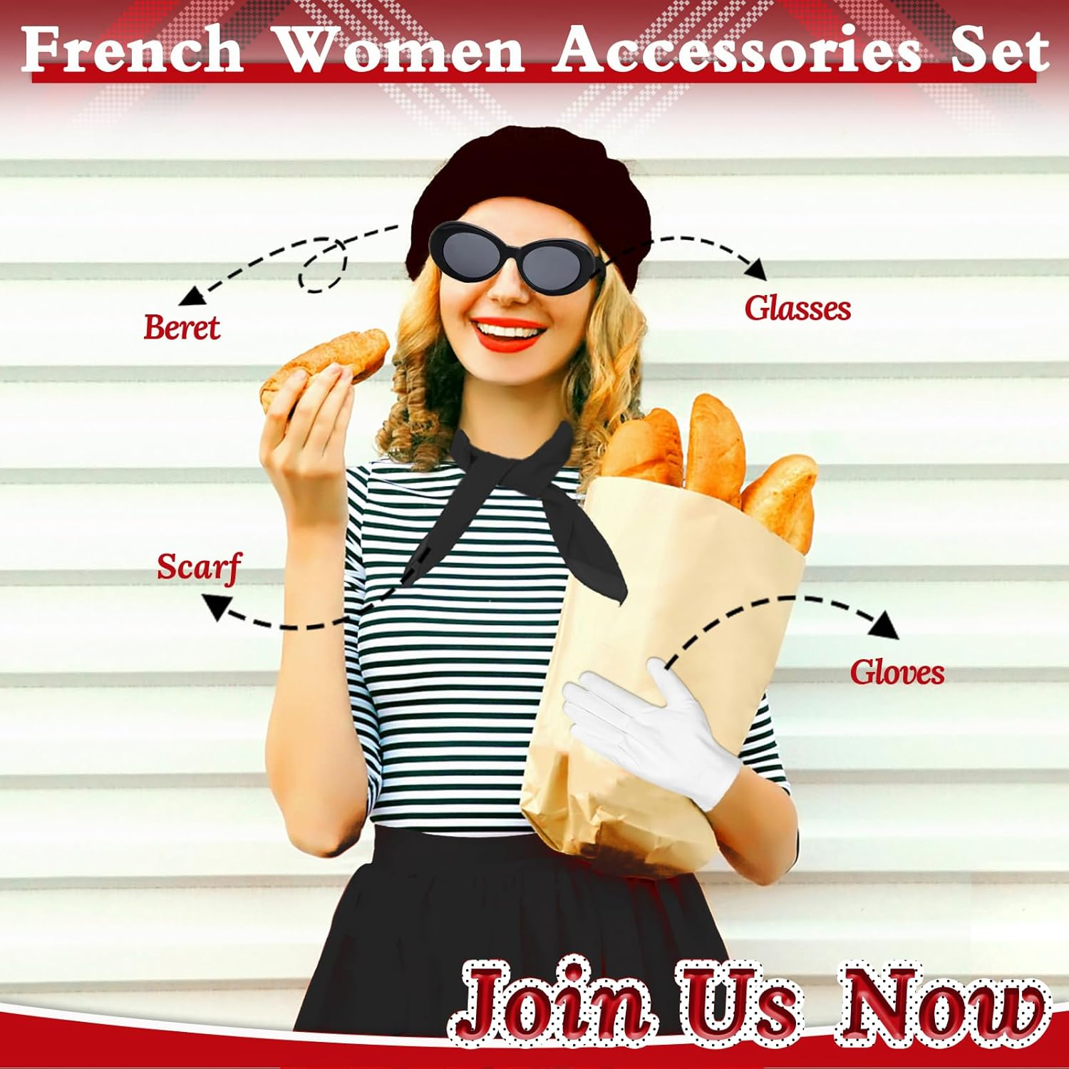 French Women Fancy Dress Costume Accessories Set French Artist Mime Kit with Red Beret Scarf Sunglasses Gloves for Women Girls Cosplay Party Supplies School Dress up Day image number 6