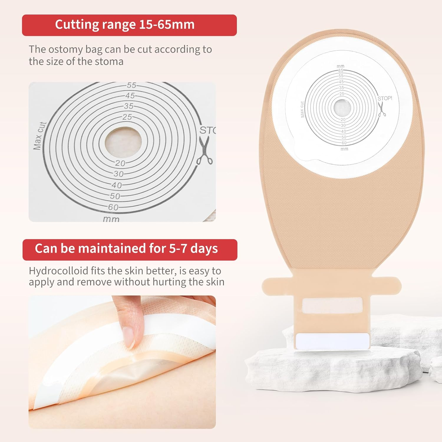 DERAYMI 20 PCS Colostomy Bags, One Piece Ostomy Bags Ostomy Supplies, Leakage Odour Proof Ostomy Drainable Pouches for Ileostomy Stoma Care Cut-To-Fit 20-65Mm image number 4