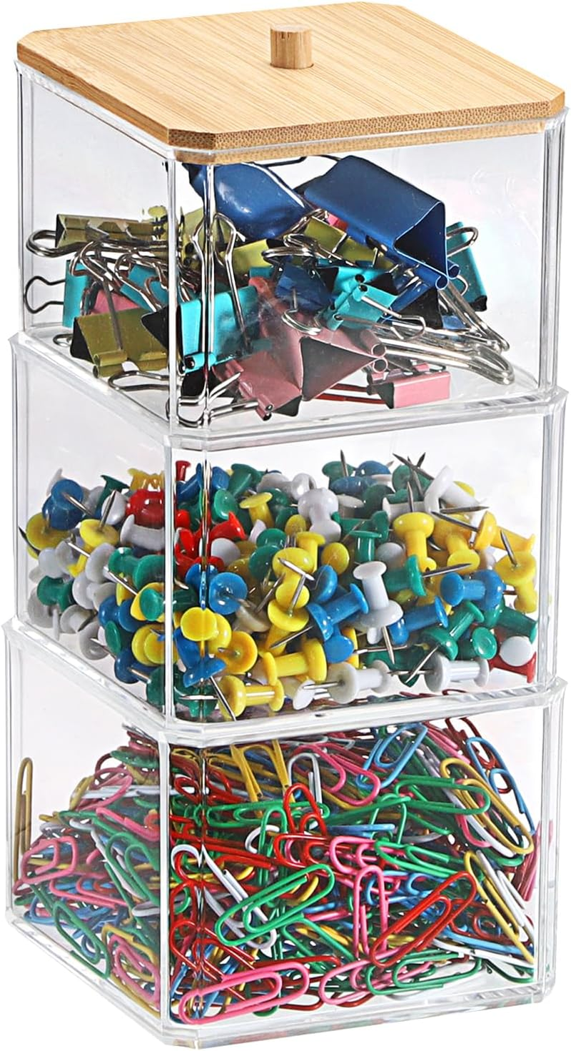 BTSKY Clear Stackable Paper Clip Holder with Bamboo Lid 3-Layer Paperclip Box Thick Acrylic Office Supply Accessory Organizer Square Small Storage Holder Cute Qtip Holder for Office Bathroom Vanity image number 5