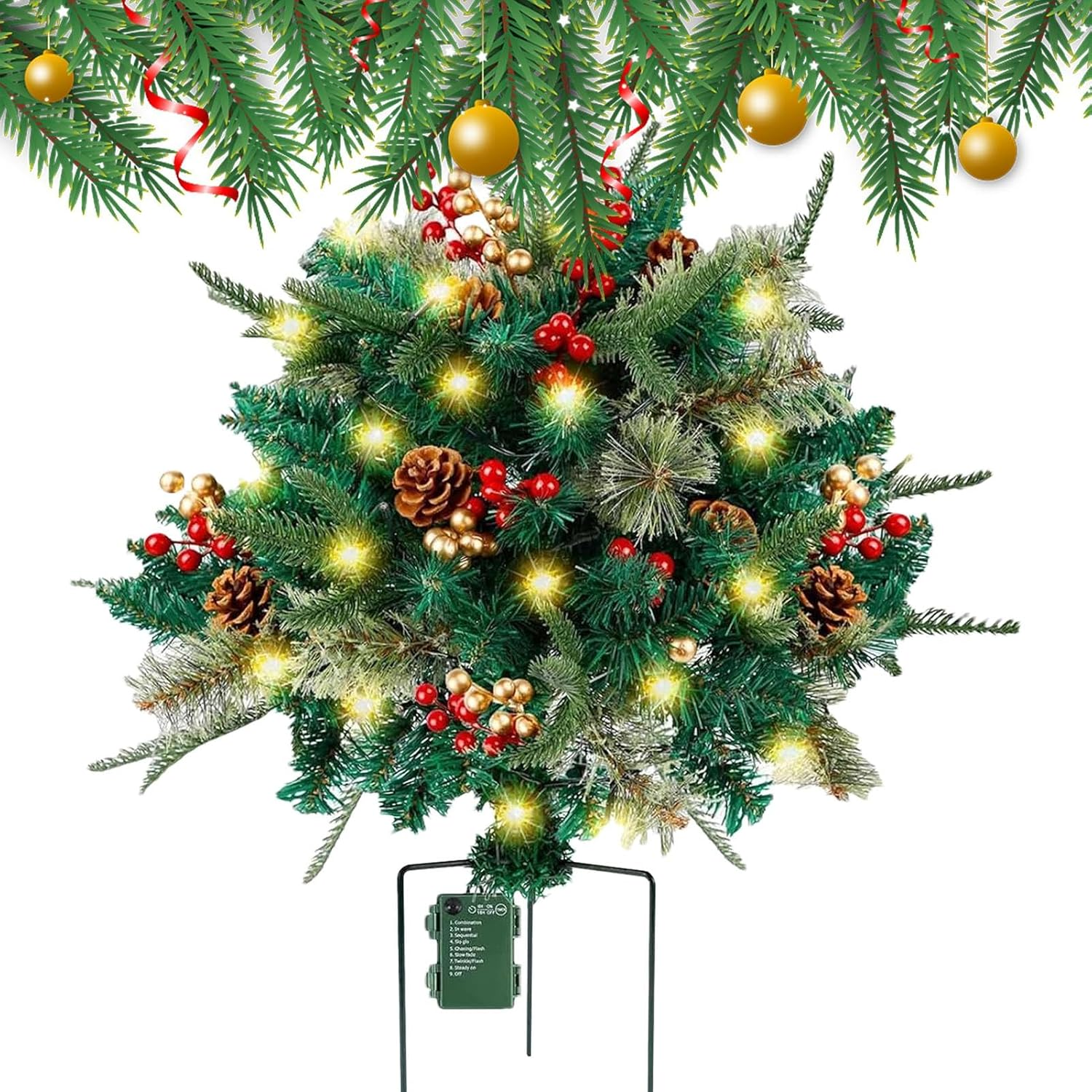 Decorative Christmas Pine Tree, Outdoor Lighted Faux Yard Tree with 8 Lighting Modes, Realistic Christmas Tree with Cones and Red Berries for Home Patio image number 5