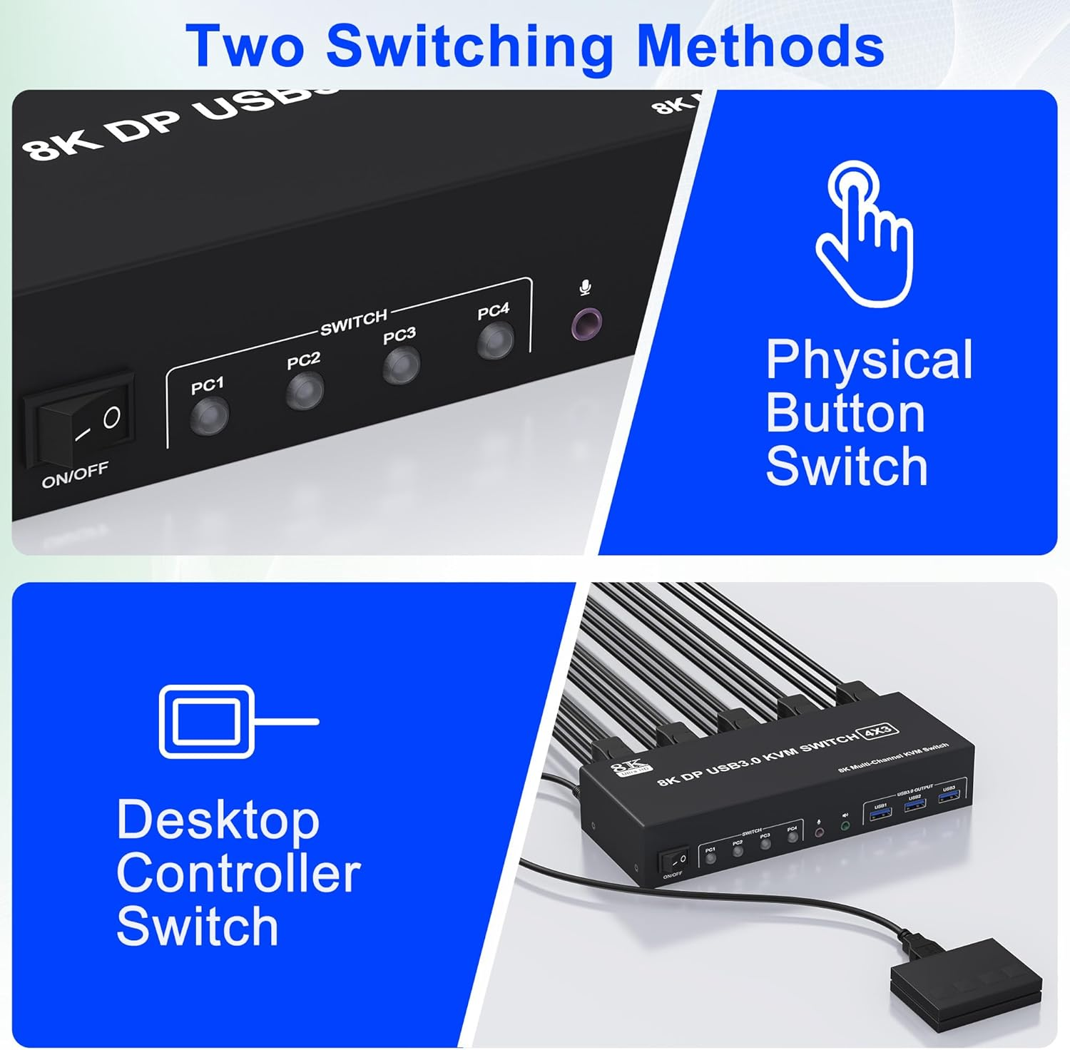 8K@60Hz Displayport KVM Switch 3 Monitors 4 Computers 4K@144Hz, DP 1.4 KVM Switch Triple Monitor for 4 Computer with Audio and 3 USB 3.0 Ports, KVM Triple Monitor Keyboard Mouse Switcher image number 1