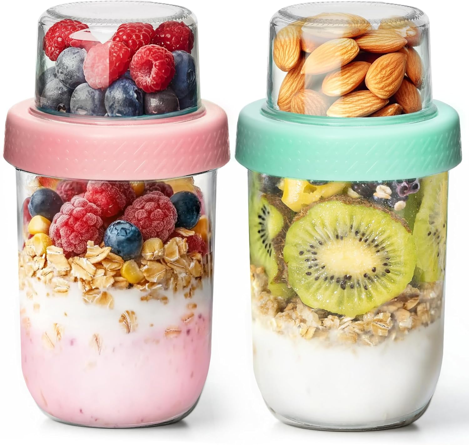 Comsaf 4 Pack 16Oz Overnight Oats Container Jar with Lids, Dual-Laryer Chia Pudding Jars with Dry and Wet Separation, Yogurt Parfait Cups for Oatmeal Cereal Nut Fruit, Meal Prep Glass Jars for Salad