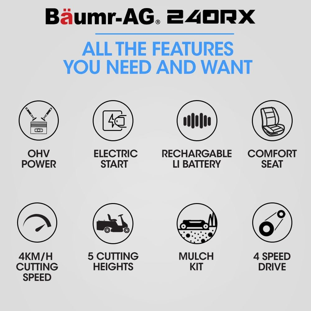 Baumr-Ag 24" Ride on Lawn Mower, Lithium Electric Start System, 6HP 224Cc, 5 Cut Heights, Catcher and Mulch Kit image number 1