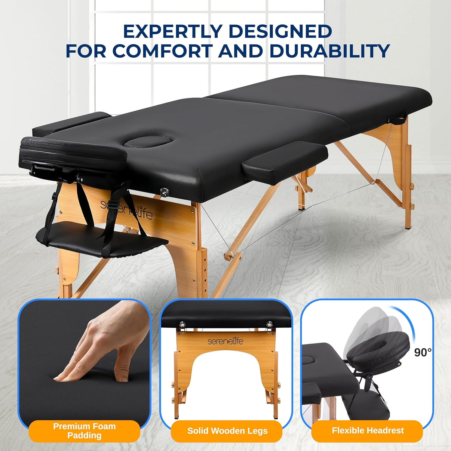 Serenelife Professional Portable Massage Bed Table with Carrying Bag, Black/Brown image number 4