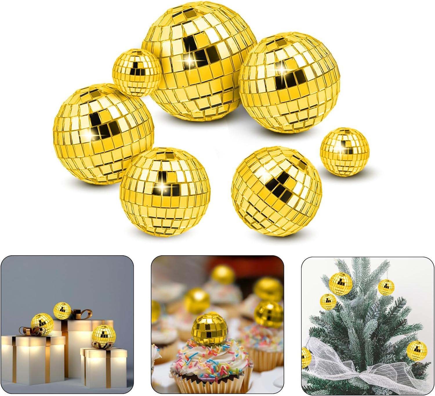 Abeillo 7PCS Disco Ball Cake Topper, 4 Sizes Disco Ball Cake Decorations, Disco Cake Topper, 70S Disco Themed Dance Party Supplies, Mini Disco Balls for Cake Decor Disco Party Ornament (Gold) image number 2