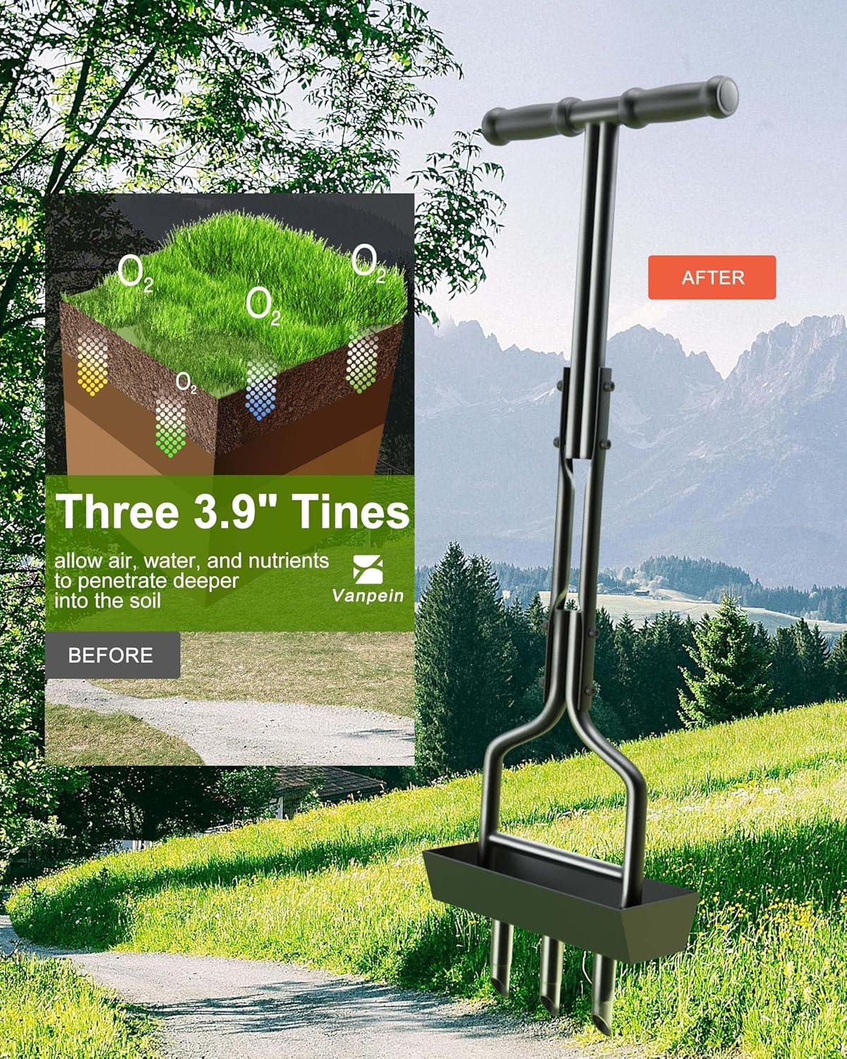 Vanpein Lawn Aerator Coring Garden Tool with Soil Core Storage Tray, Manual Yard Plug Aerators & Clean Tool, Grass Aeration Gardening Tools with 3 Tines for Lawn Care, Compacted Soil, 37.6&rdquo; image number 2