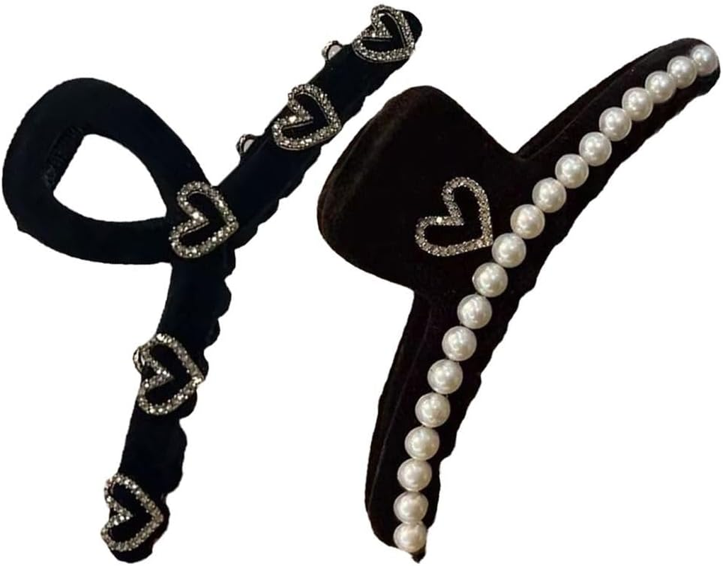 2Pcs Elegant Rhinestone Love Heart Hair Claw Clip Black Large Hair Claw Clip for Women Girl Fashion Pearl Hairpin Headwear Ponytail Holder image number 1