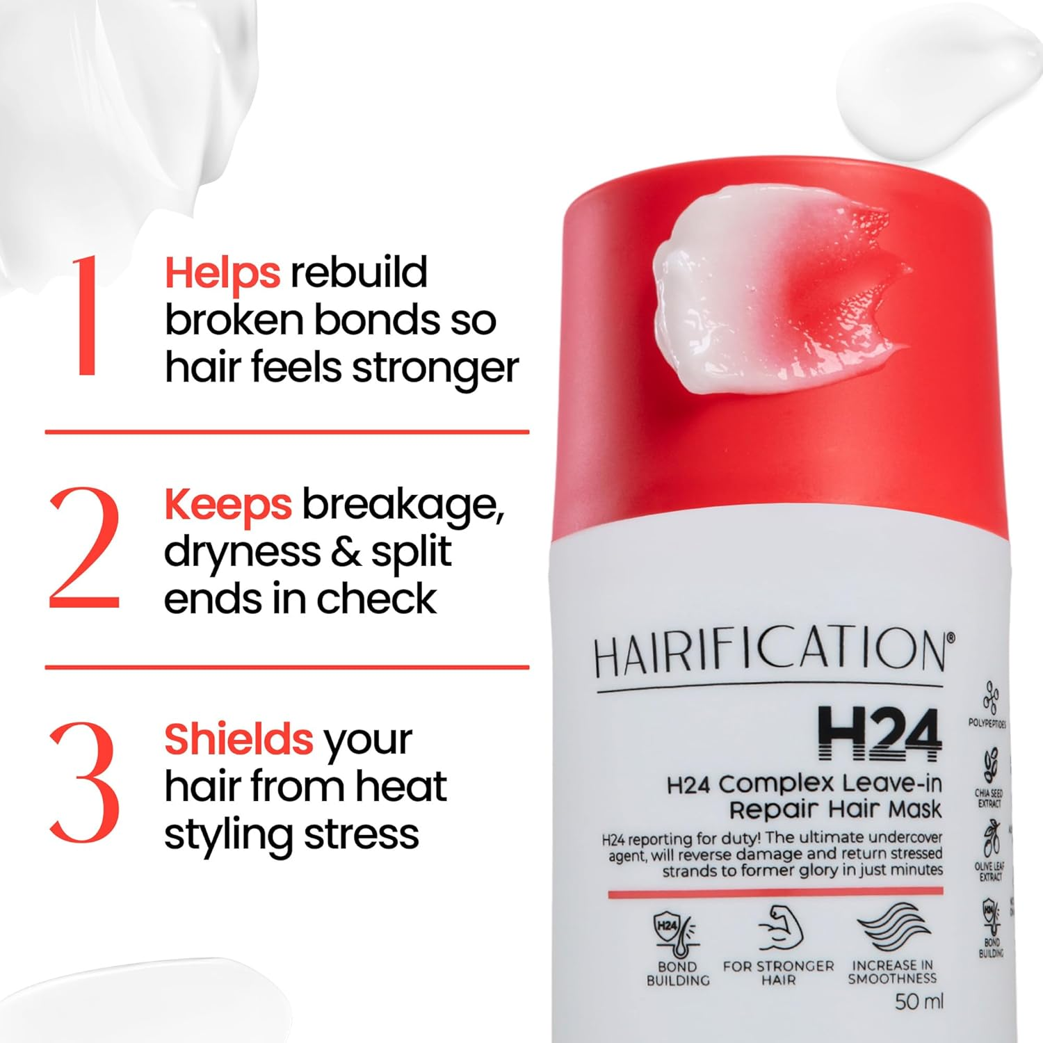 Hairification H24 Leave-In Repair Hair Mask for Women, Leave-In Conditioning Treatment for Damaged, Dry or Chemically Treated Hair, Helps Protect from Heat Damage for Soft and Smooth Hair - 50Ml