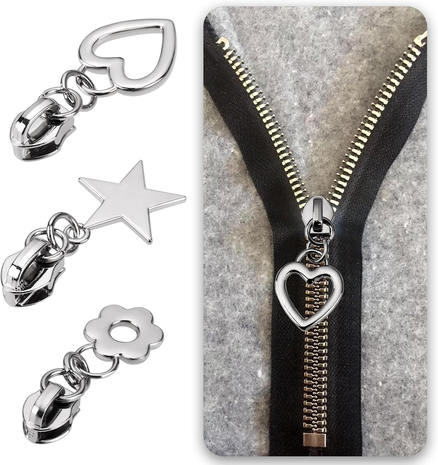 LT Easiyl 12Pcs Zipper Pull 5# Zipper Slider Replacement Part Zipper Pendant Heart Star Flower Metal Zip Mend for Coat Jacket Backpack Handbags image number 1