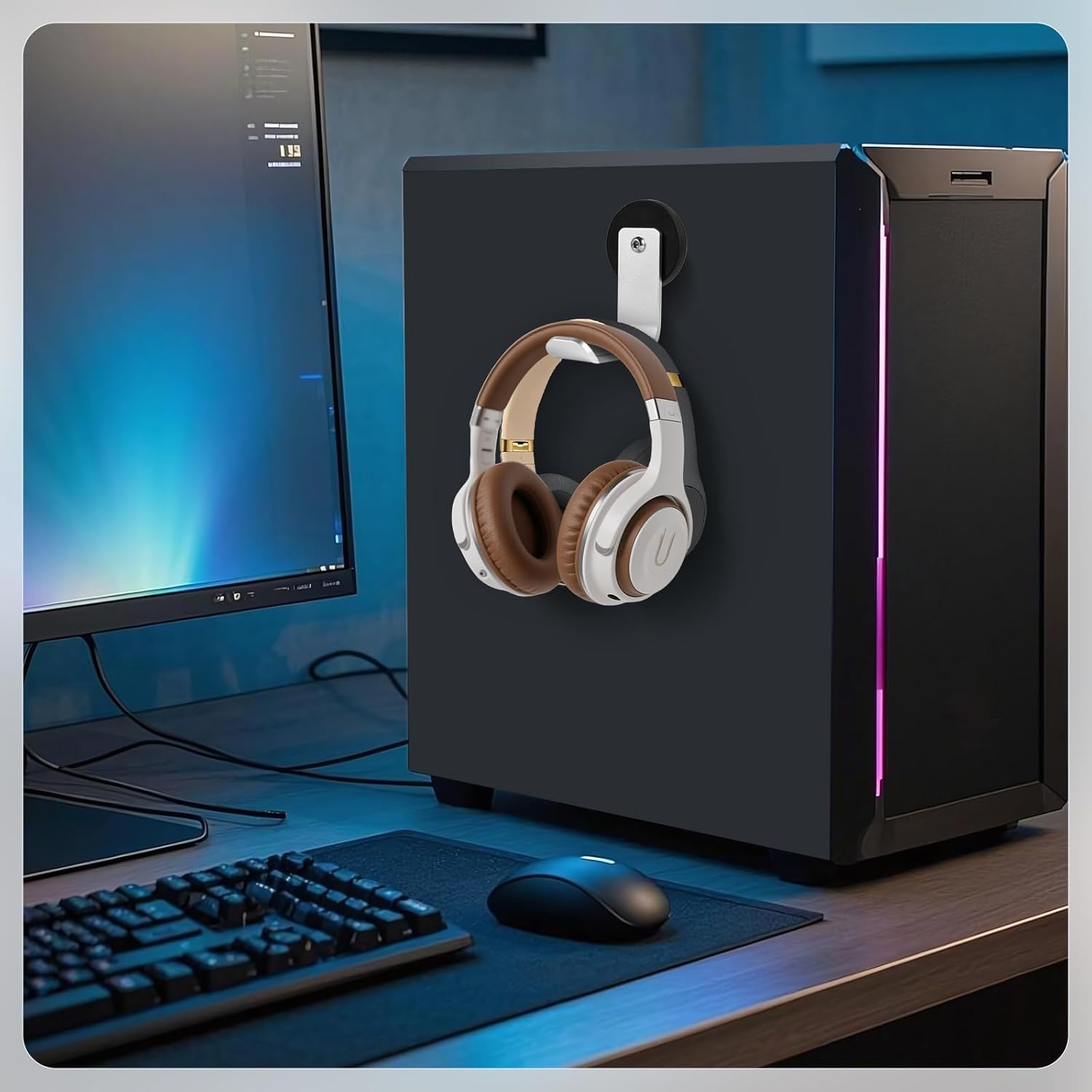 Magnetic Headphone Holder, Aluminum Headset Hooks, Headphone Hanger for Desk & Table, Headphone Mount Stand with Rubber Pad, Compatible with All Computer/Gaming Headsets (Silver) - Silver image number 2