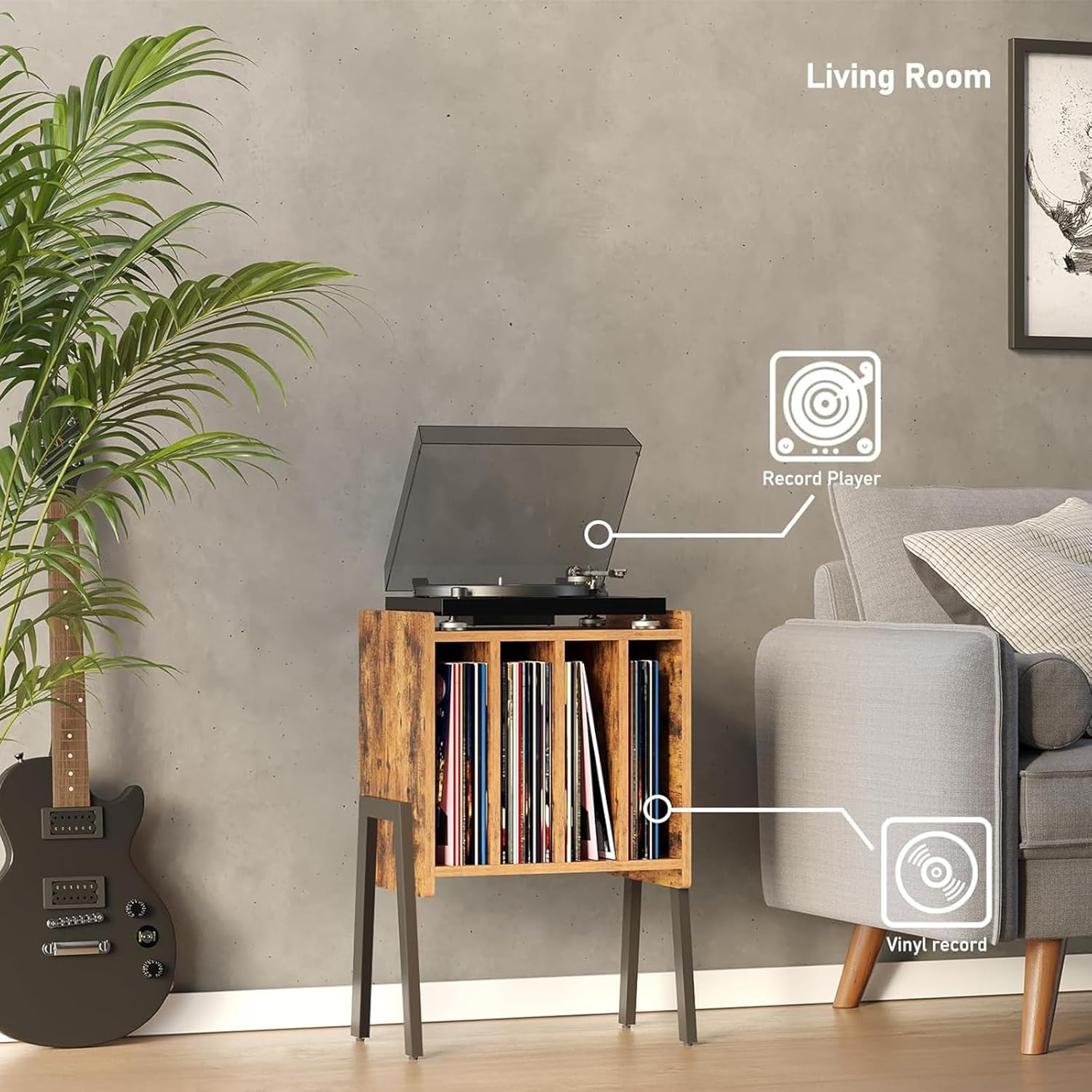 Record Player Stand,Vinyl Record Storage Organizer with 4 Compartment Media Cabinet,Turntable Stand,Nightstand for Living Room, Bedroom (Brown) image number 3