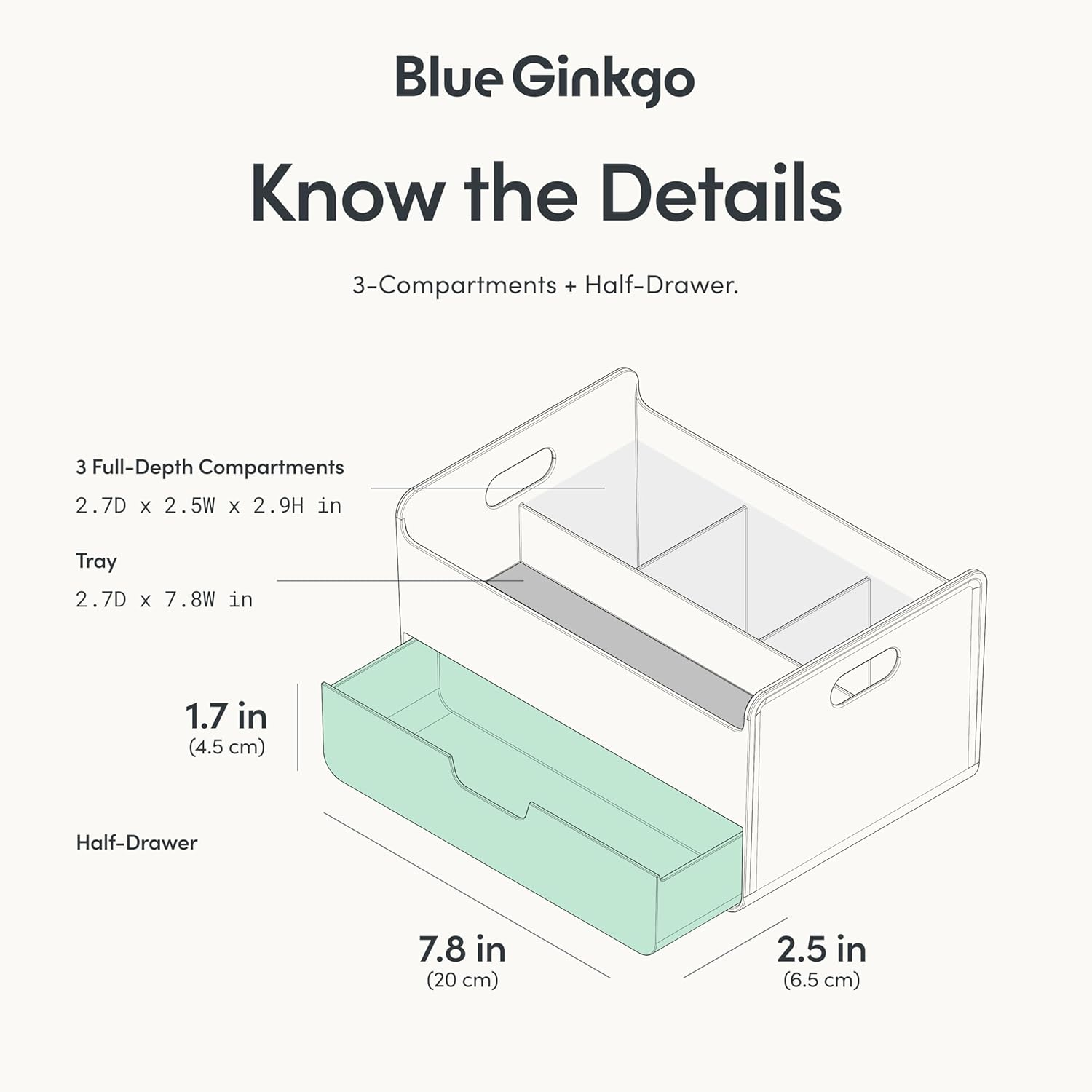 BLUE GINKGO Portable Desk Organizer &ndash; Compact 3 Compartment, Half-Drawer Storage &ndash; Pen Holder, Stationery Desktop Organizer for Office, Makeup, Crafts (Made in Korea, Blue) image number 6