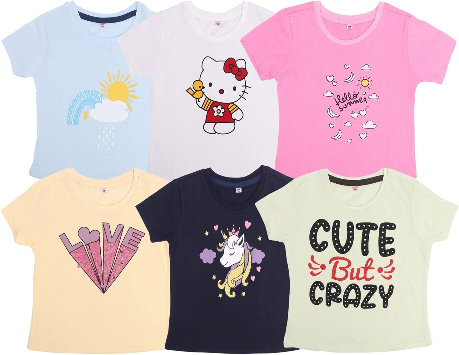 Iblunt T-Shirts Printed Essentials Girls Unisex Kids 6-Pack Short-Sleeve Tee Tops round Neck Cotton Tshirt Boys Girls Multipack 8-10 Years Multicolour image number 2