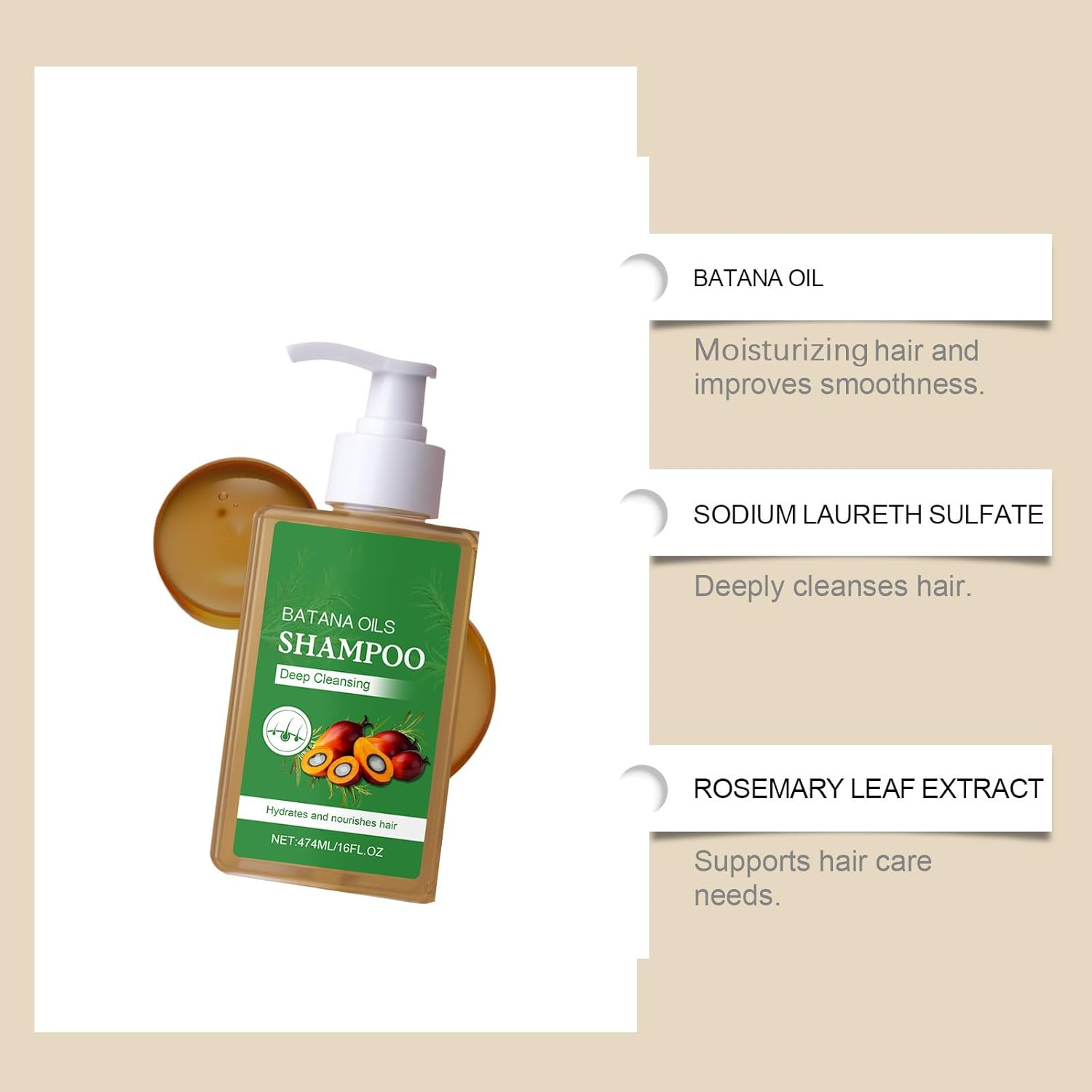 Batanas Oil Shampoo,Anti Dandruff Shampoo with Batana Oil,Reduce Split Ends,Strengthening & Volumizing,Moisturizes & Strengthens Scalp,Leaves Your Hairs Smoother,Moisturizes and Hydration (1 PCS)