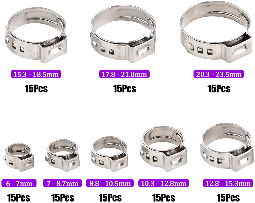 Swpeet 120Pcs 8 Sizes 304 Stainless Steel Single Ear Hose Clamps, Crimp Hose Clamp Assortment Kit Ear Cinch Rings Crimp Pinch Fitting Tools Perfect for Automotive, Home Appliance Line image number 4