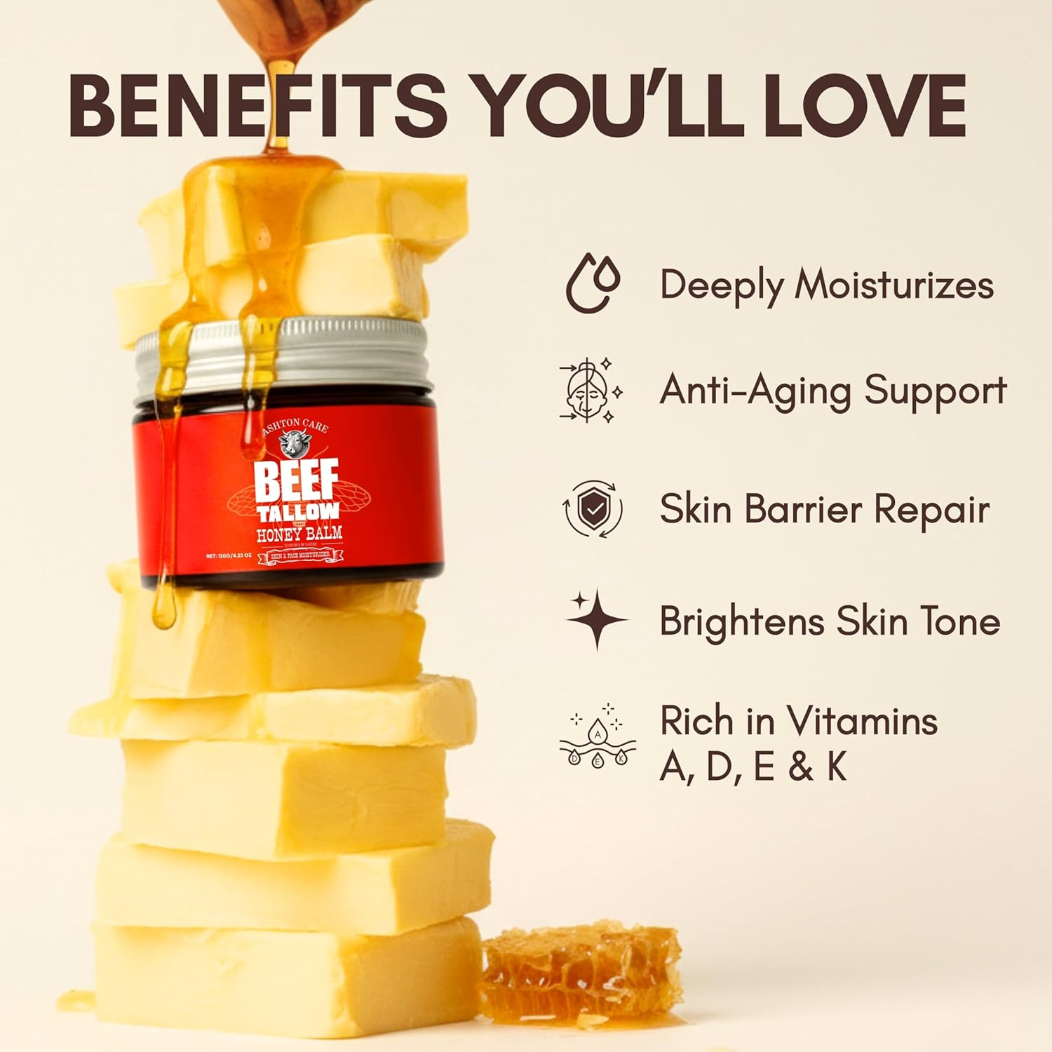 Beef Tallow for Skin and Face Moisturizer Cream &ndash; Grass-Fed Beef Tallow + Glycerin with Honey & Citrus Notes | Natural Hydrating Face & Body Cream for Smooth, Soft & Healthy-Looking Skin | 4.23 Oz image number 4