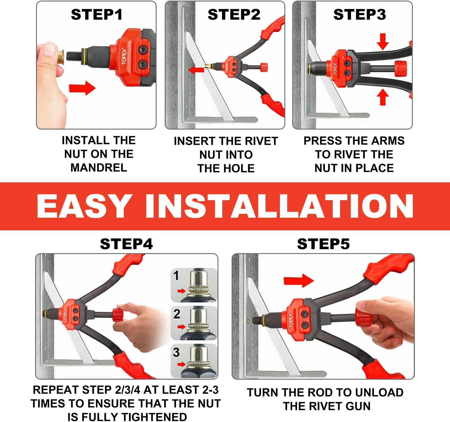 TOPEX 160PCS Heavy Duty Nut Rivet Riveter Rivnut Nutsert Gun Riveting Kit Thread M3-12 image number 2