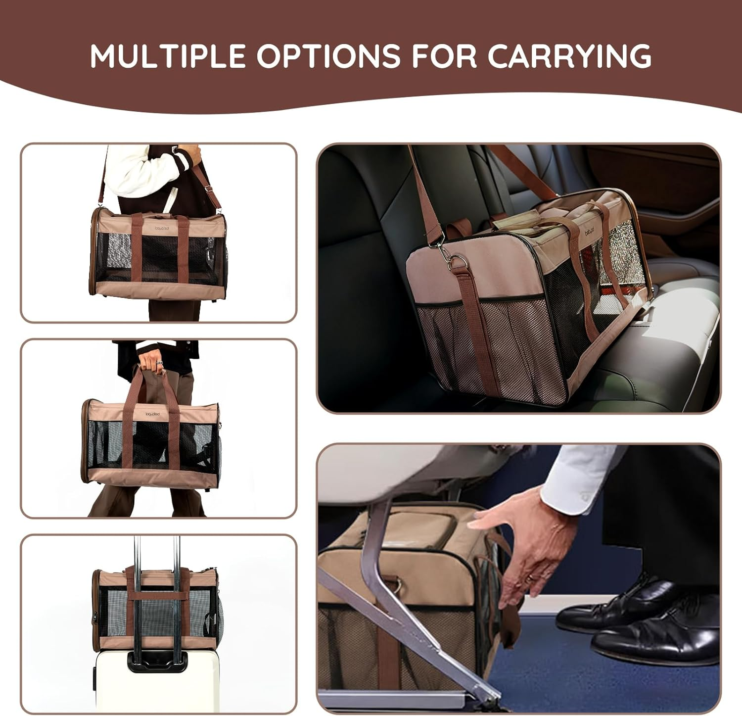BELLA & PAL Cat Carrier Dog Carriers Airline Approved, Pet Carrier for Small Medium Dogs Cats under 16Lbs, Collapsible Soft Sided Travel Puppy Carrier (Brown, 16.5" L X 11" W X 11" H)