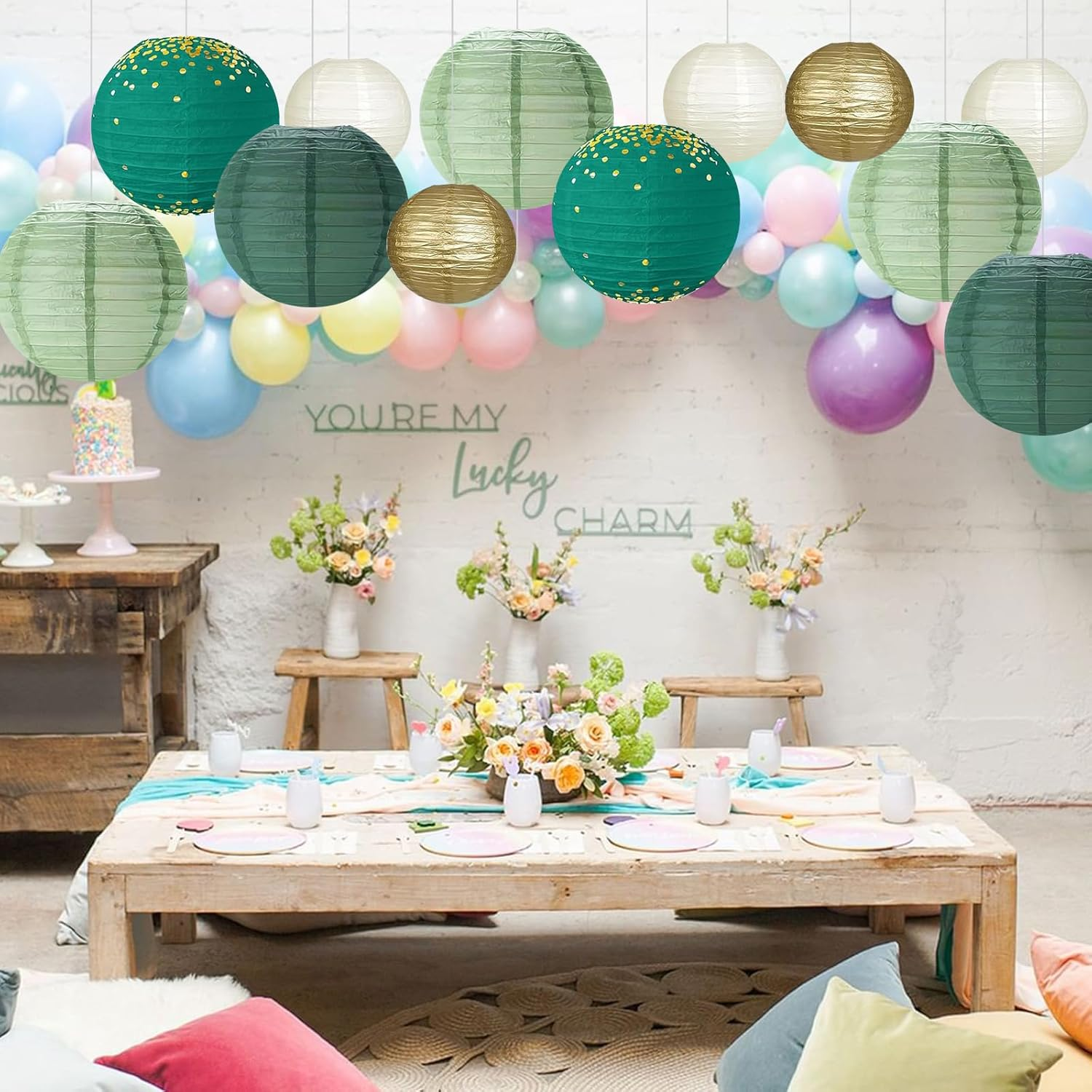 Pack of 12 Paper Lanterns, Green Gold, Sage Green Paper Lantern with 50 M Fishing Line, round Hanging Paper Lanterns, Party Decoration, Paper Lantern for Wedding, Garden Party (Diameter 20 Cm/25 Cm/30 image number 5