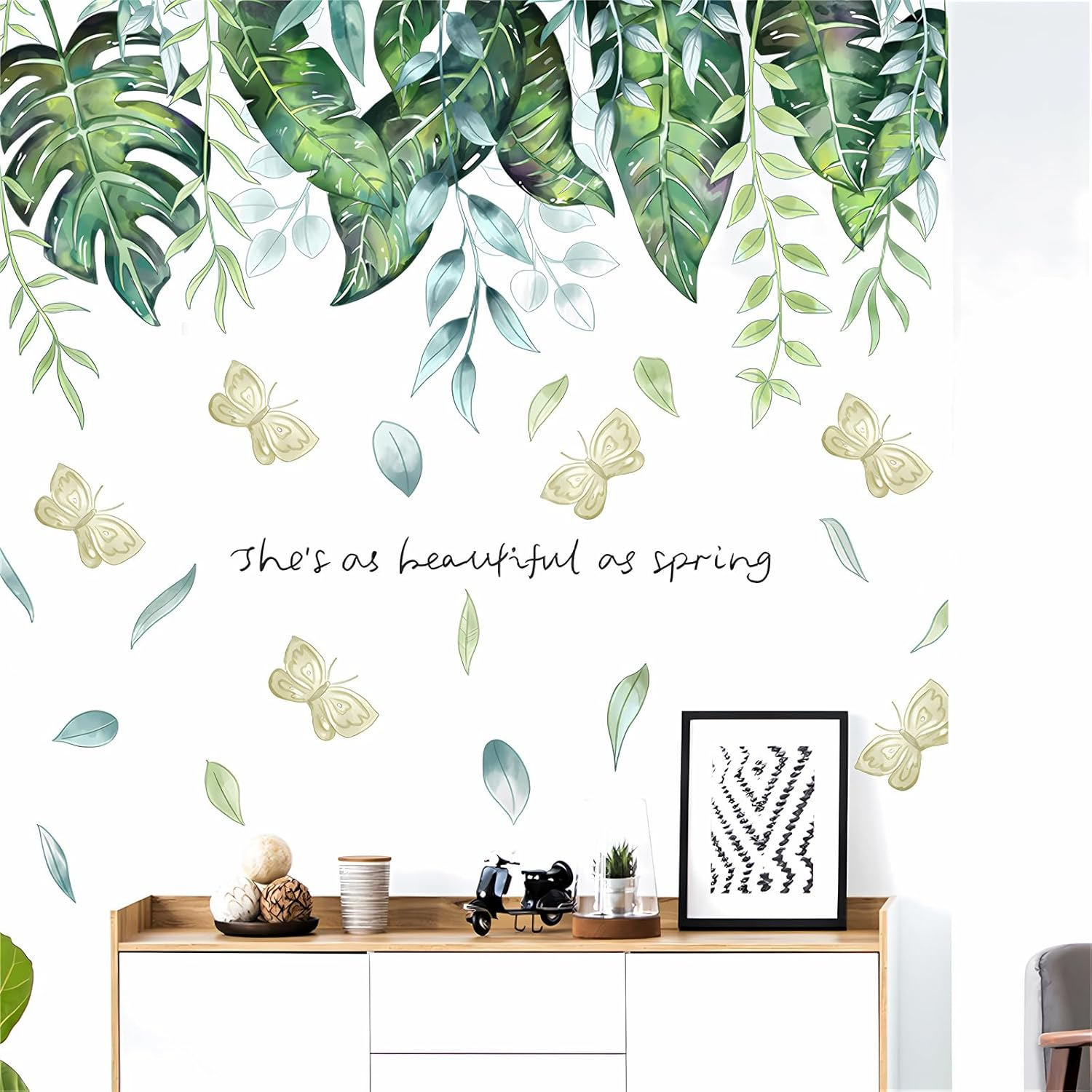 Tropical Greenery Foliage Hanging Vine Wall Stickers, Sacinora Green Plants Butterfly Art Wall Decals Removable Vinyl Peel and Stick for Living Room Bedroom Children'S Room Sofa TV Background