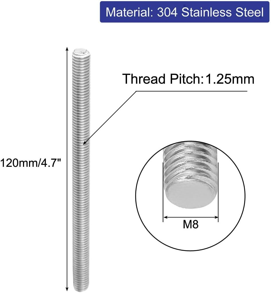 Uxcell M8 X 120Mm 1.25Mm Pitch 304 Stainless Steel Fully Threaded Rods Hardware 5 Pcs image number 5