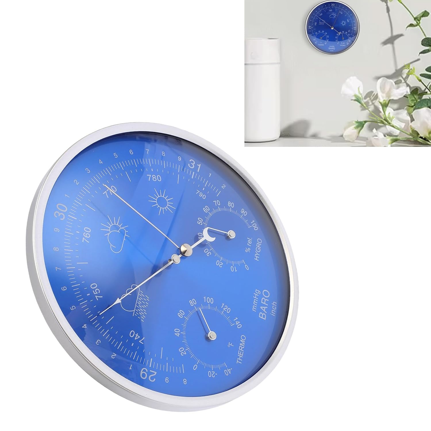 Sorandy All Season Thermometer Barometer Hygrometer, Aluminum Alloy 3 in 1 Indoor Outdoor Weather Station with Large 7.09In Dial, Predicts Weather Trends image number 3