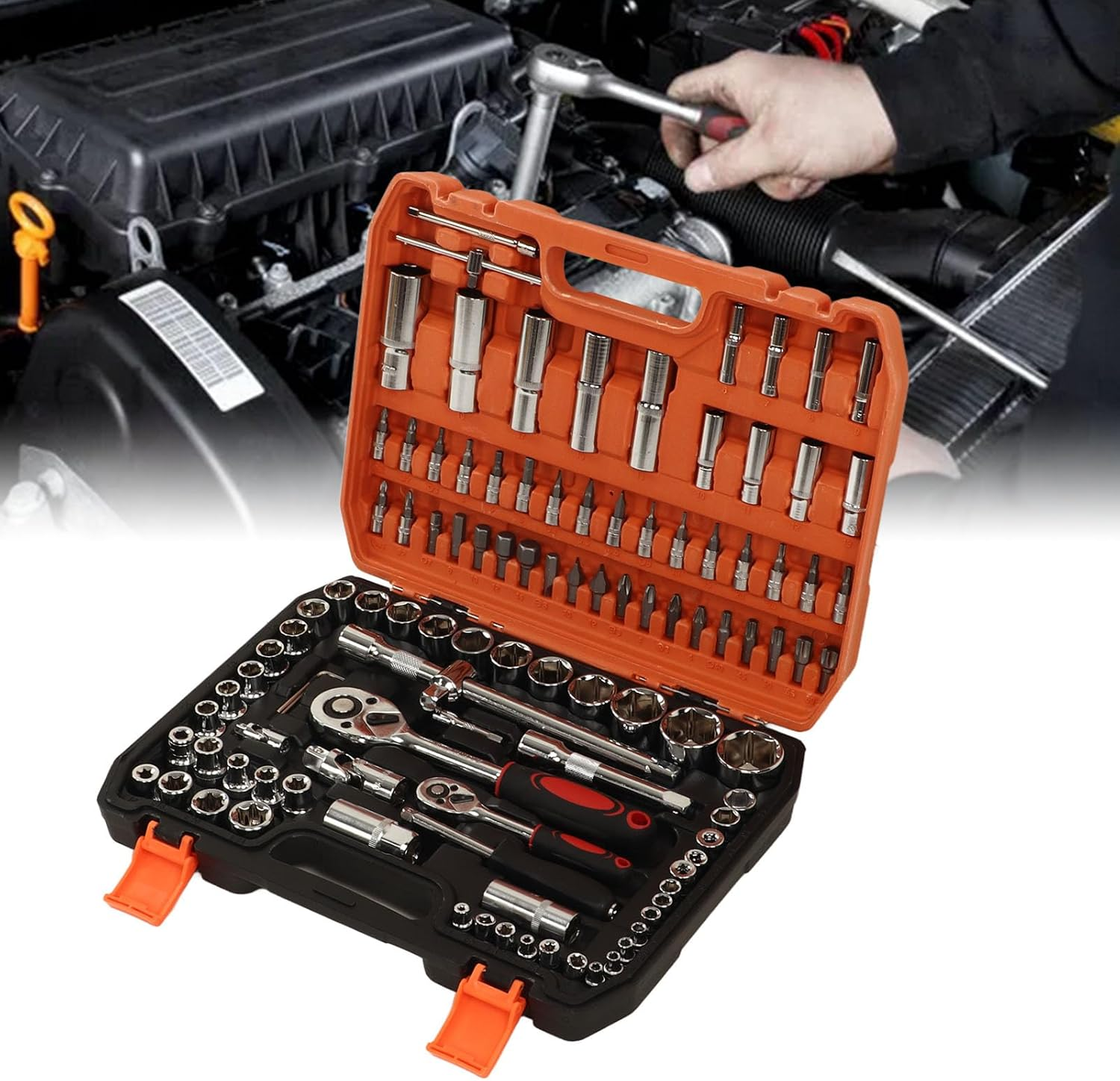 108 Piece Mechanical Repair Tool Set Chrome Steel Sockets Bits Ratchet Wrenches Hex Keys for Car and Home Maintenance image number 5