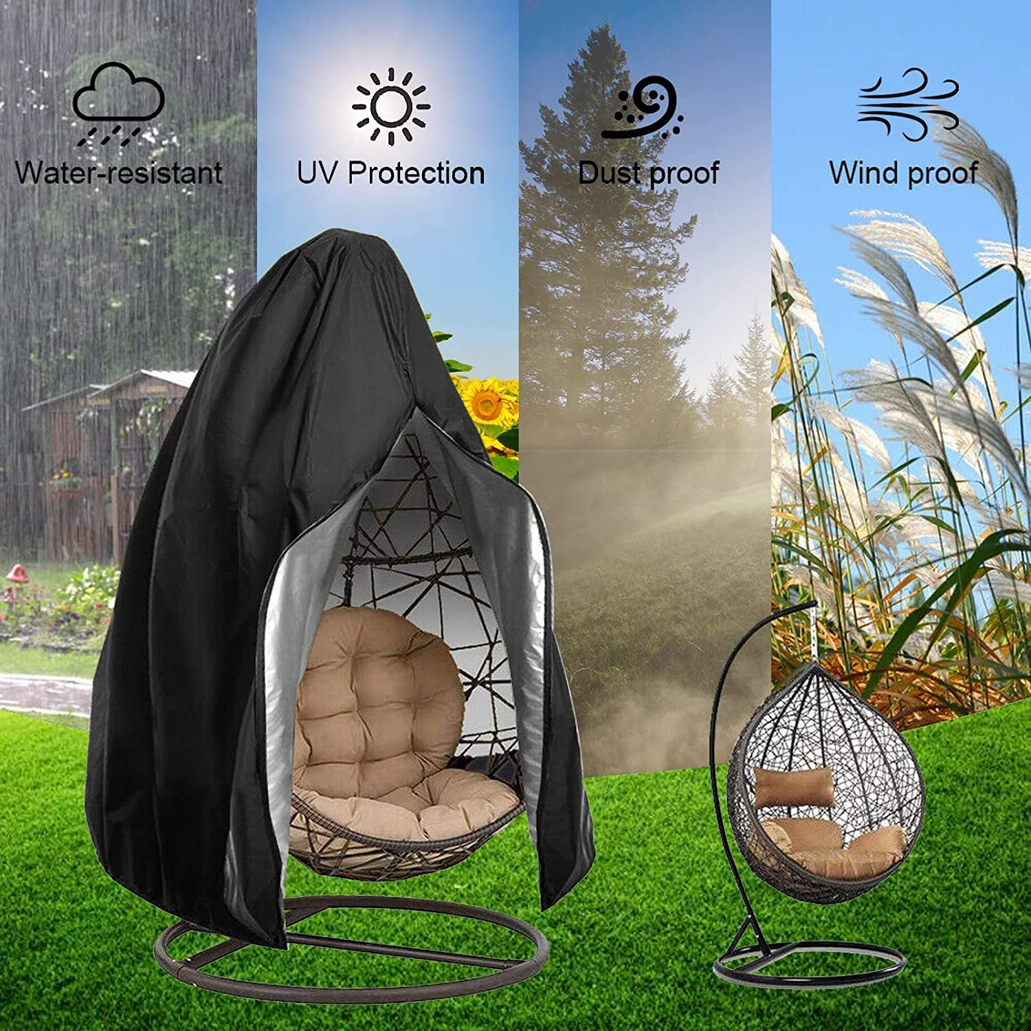 Egg Chair Covers, Outdoor Swing Egg Chair Cover Waterproof Anti-Dust with Zipper 210D Oxford Fabric Veranda Garden Lawn Chair Protector Furniture Accessory115X190Cm (Black) image number 1
