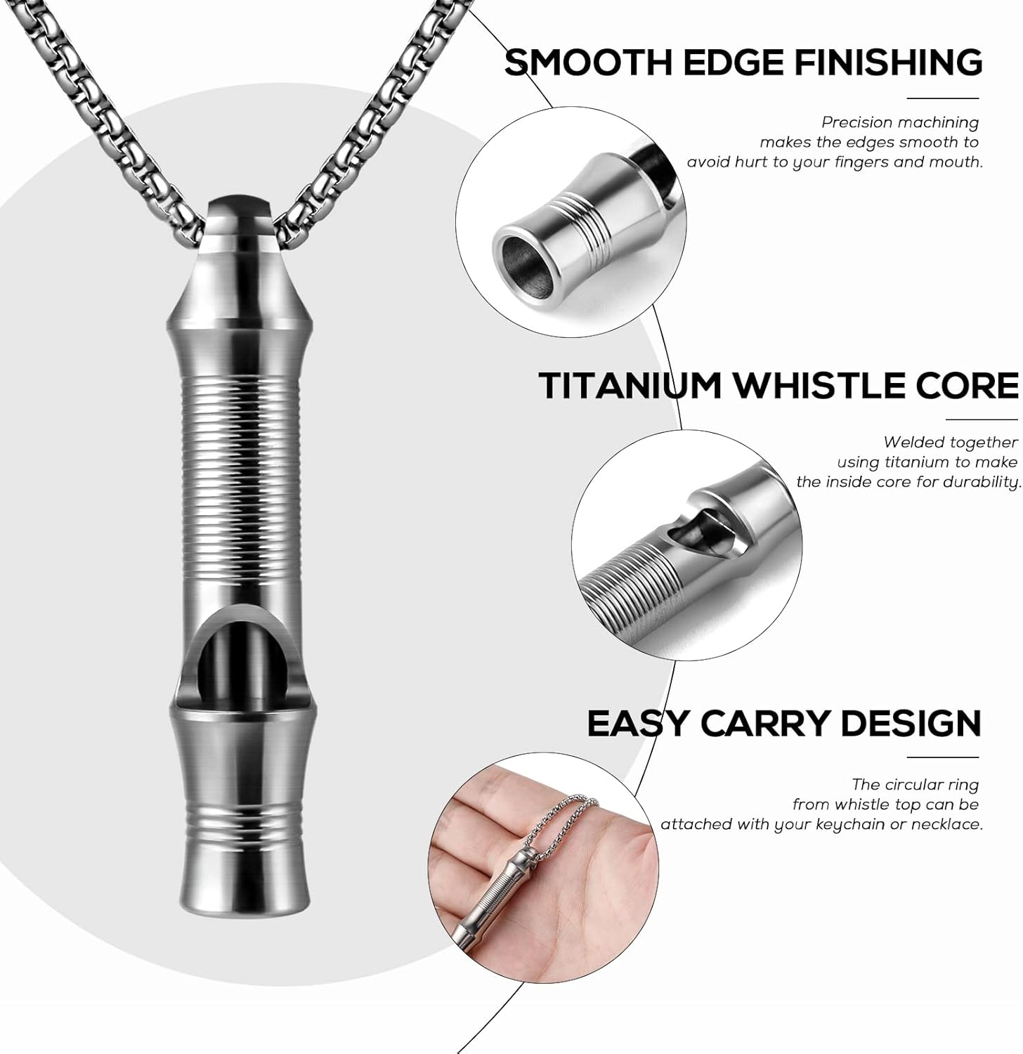 TISUR Titanium Emergency Whistle,Edc Safety Whistles Necklace Loud up to 120Db,Survival Whistles for Survival,Hiking,Camping,Pets Training image number 6