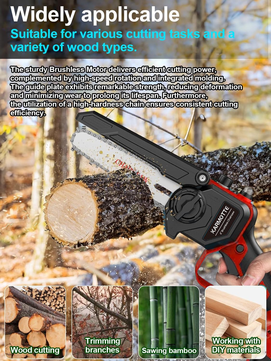 Mini Chainsaw 6-Inch Brushless with 2-Pack 2000Mah Batteries, Auto Oiler System, Toolless Adjustment Portable and Cordless for Wood Cutting Tree Trimming DIY Projects Gardening Camping (Crimson Red) image number 2