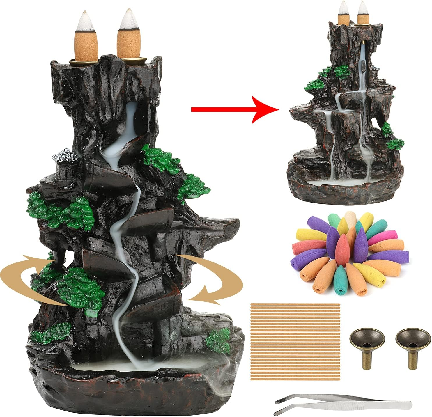 XUDREZ Mountain Backflow Incense Holder Resin Waterfall Incense Burner Incense Cones Holder Home Decor Gifts with 120Pcs Incense Cones image number 5