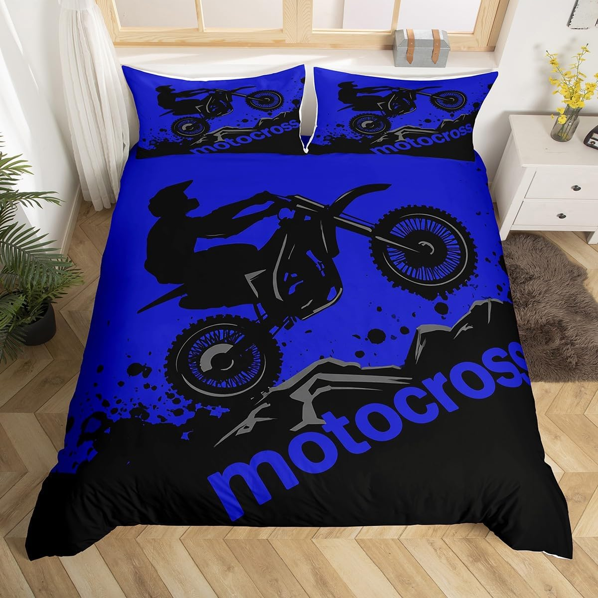 Dirt Bike Bedding Set Full Size Extreme Sports Comforter Cover Set for Boys Teens Racing Motocross Rider Duvet Cover Breathable Motorcycle Bedspread Cover Room Decor Green Black Quilt Cover