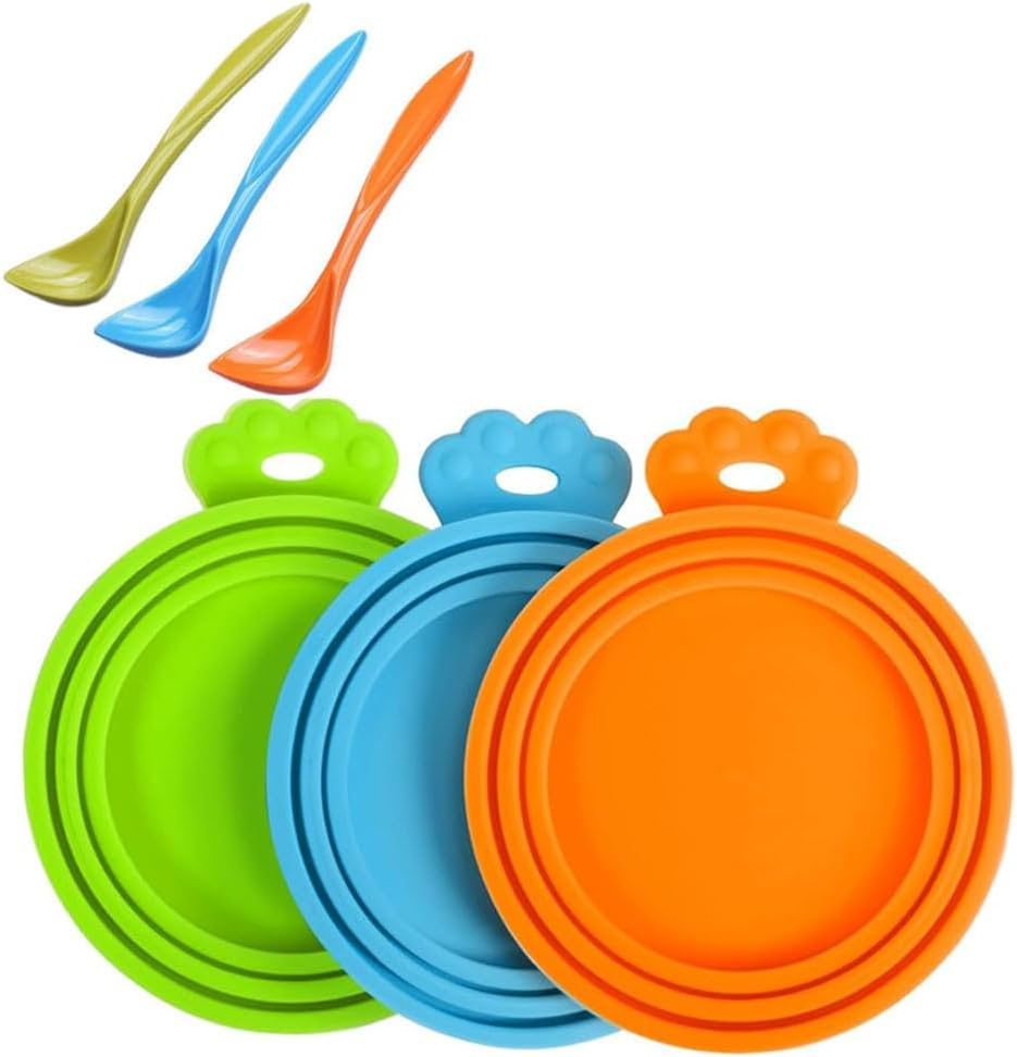 3 Packs Silicone Pet Can Lid and Spoons, Dog Cat Food Can Cover, Universal Size Can Tops, 1 Fit 3 Standard Size Food Cans, BPA Free Dishwasher Safe (Blue, Green, Orange) image number 3