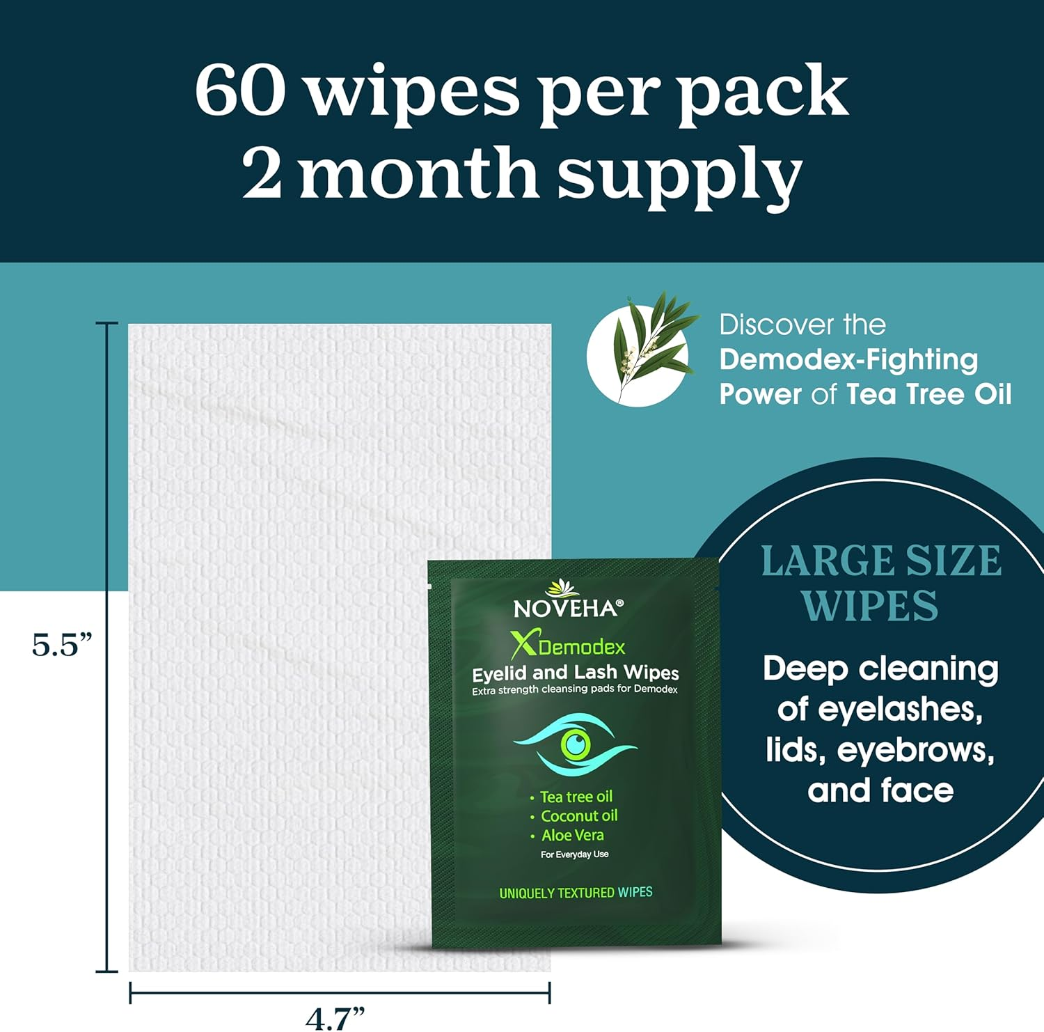 NOVEHA Demodex Eyelid & Lash Wipes | Box of 60 Individually Wrapped Extra Strength Cleansing Eyelash Wipes - Battle Itchy & Irritated Eyes Associated with Demodex Mites, Naturally Remove Debris image number 2