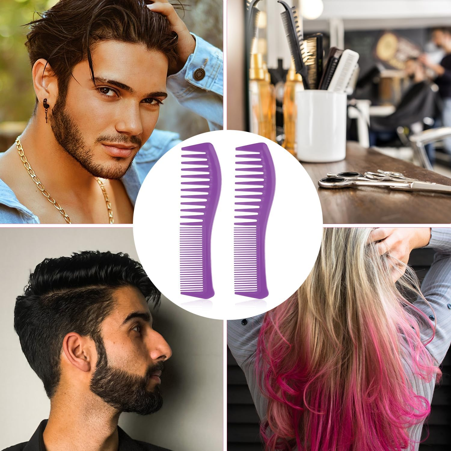 2Pcs Hair Combs, Plastic Hairstyle Comb Large Tooth&Fine Tooth Comb Barber Comb for Men Women Combing Hairstyling Trimming Cutting Barber (Purple) image number 6