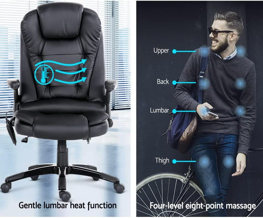 Artiss Massage Office Chair, PU Leather 8 Point Ergonomic Gaming Computer Desk Recliner Chairs Armchair for Room Executive Home, Adjustable Height 360&deg; Rotation Black