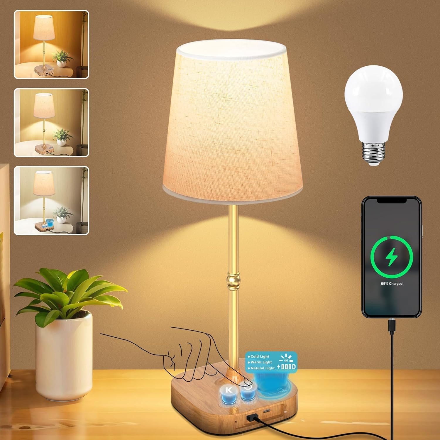 Cordless Table Lamp with Touch Control, Rechargeable LED Bedside Lamp, 3-Colour Infinitely Dimming Battery Powered Small Crystal Lantern for Bedroom/Office/Patio Light (Gold)