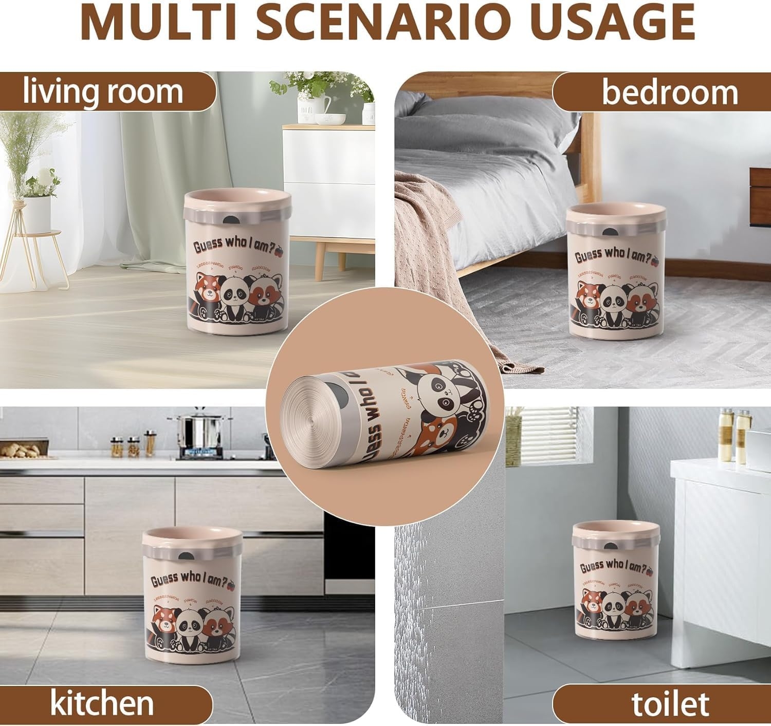 30-Pack 4 Gallon (15L) Panda Print Bin Liners | Colourful Drawstring Garbage Bags | Tear-Resistant & Leak-Proof | Small Trash Bags for Bathroom, Office & Bedroom (45X50Cm) image number 1