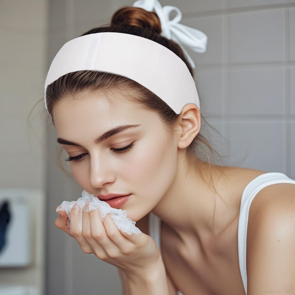 50PCS Disposable Spa Facial Headbands Elastic Non-Woven Headband with Magic Tape Stretch Soft Skin Care Hair Band with Straps for Salons Supplies White image number 6