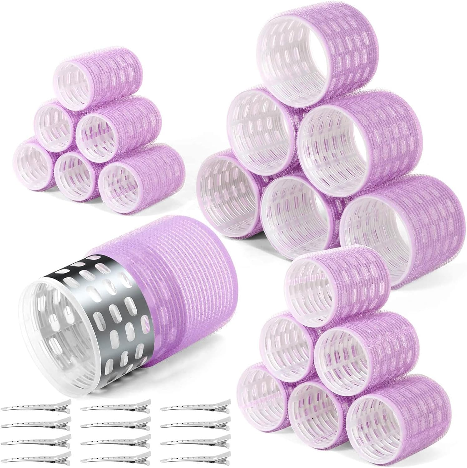 30PCS Thermal Hair Rollers Set with Clips &ndash; Jumbo Self-Grip Rollers (64Mm, 48Mm, 36Mm) for Long, Medium, Short Hair Volume & Salon Styling &ndash; Geiwogwc (Light Purple, Medium)