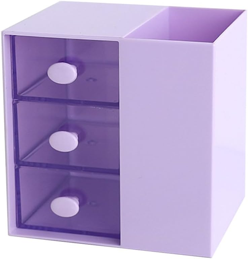 AIMALL 3-Drawer Pen Organizer, Multi-Purpose Purple Storage Box, Plastic Cosmetic & Office Supplies Holder, Versatile Desk Organization for Home, Office, Classroom &ndash; 4.64In X 3.93In image number 1