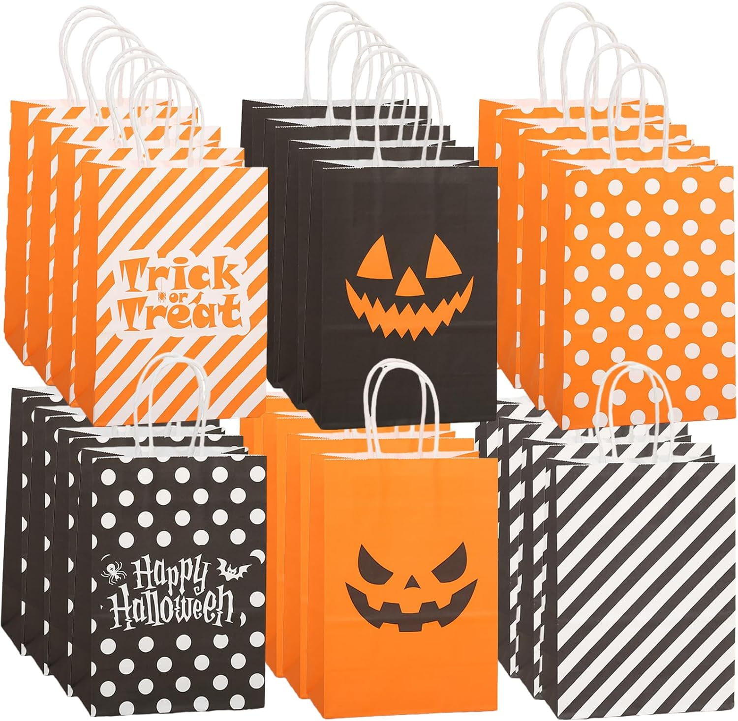 SYTHAK Halloween Kraft Paper Bags with Handles,24Pcs Jack O' Lantern Pumpkin Gift Bags Treat Candy Goodie Bags for Halloween Trick or Treat Party Supplies image number 3