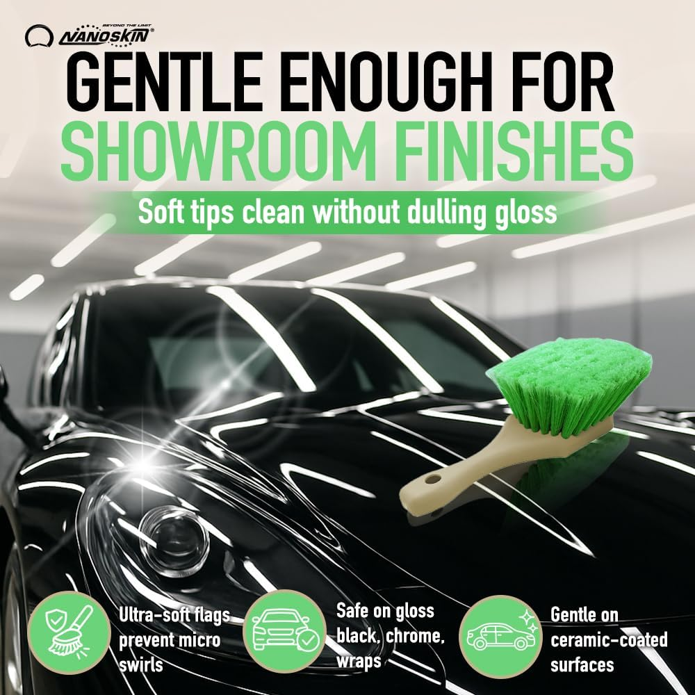 Nanoskin Pro-Grade 8.5" Car Detailing Brush - Durable Green Polystyrene Flagged Bristles, Acid Resistant, Gentle Surface Cleaning, Auto Wash, Tire & Wheel Scrub, Professional Automotive Detailer Tool image number 3