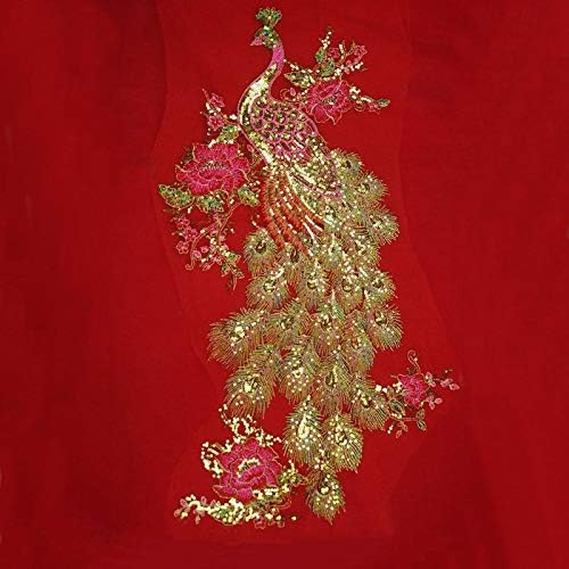 1Pce Bright Color Embroidered Peacock Sewing Patches(23.5" X 13.4") (Gold Color)