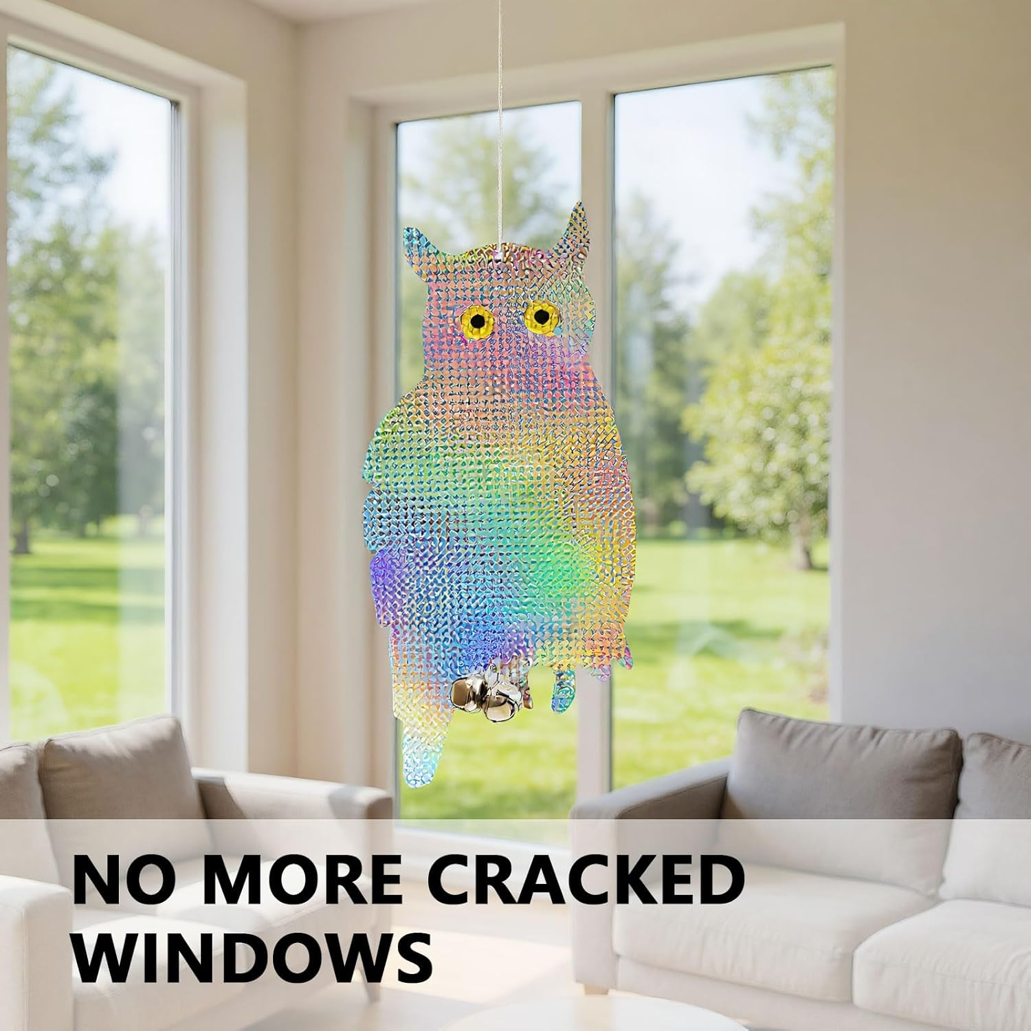 Reflective Owl Bird Deterrent and Repellent for Outdoor Garden Use, Bird Scarer, 2 Pack with Suction Cups and 12 Inch Spiral Rods- CRFY image number 2