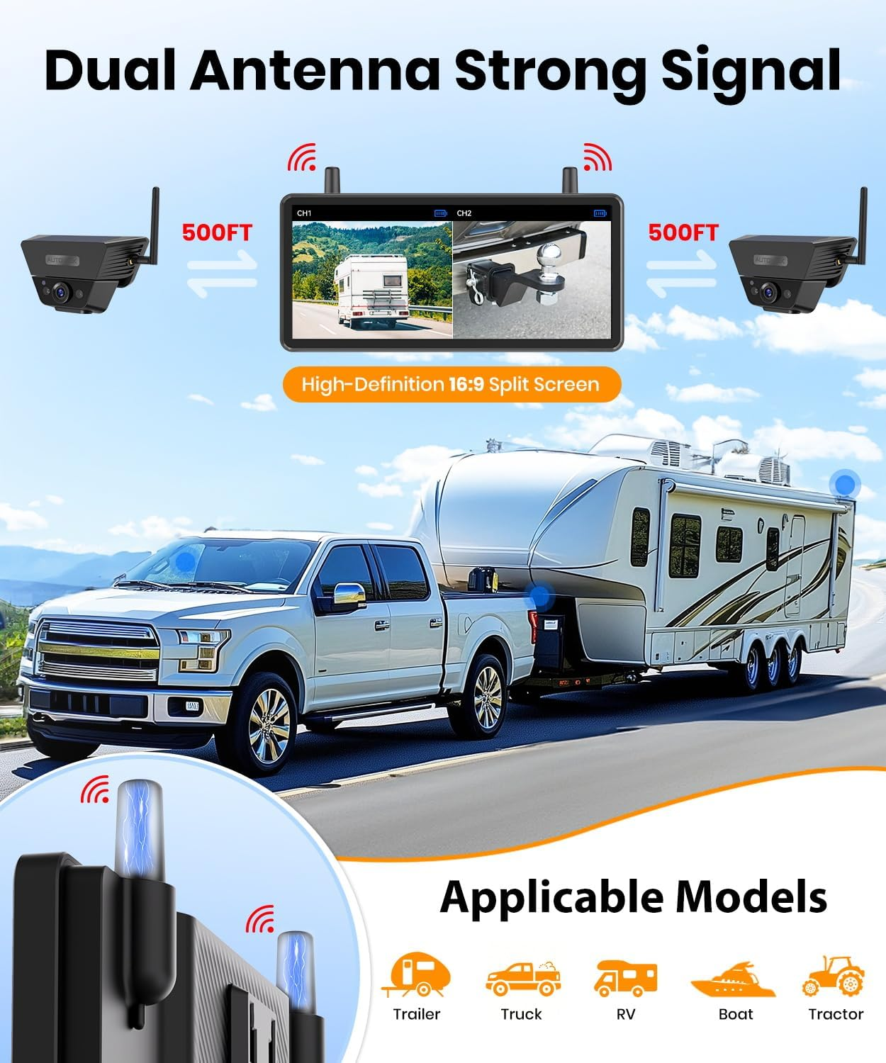 Solar Backup Camera Wireless for Rvs and Trailers No-Installation - 7.2" HD 1080P Monitor,Dual Camera System, Strong Magnetic Scratch-Proof Rear View Camera for Trucks, Campers, Suvs, and Cars image number 4