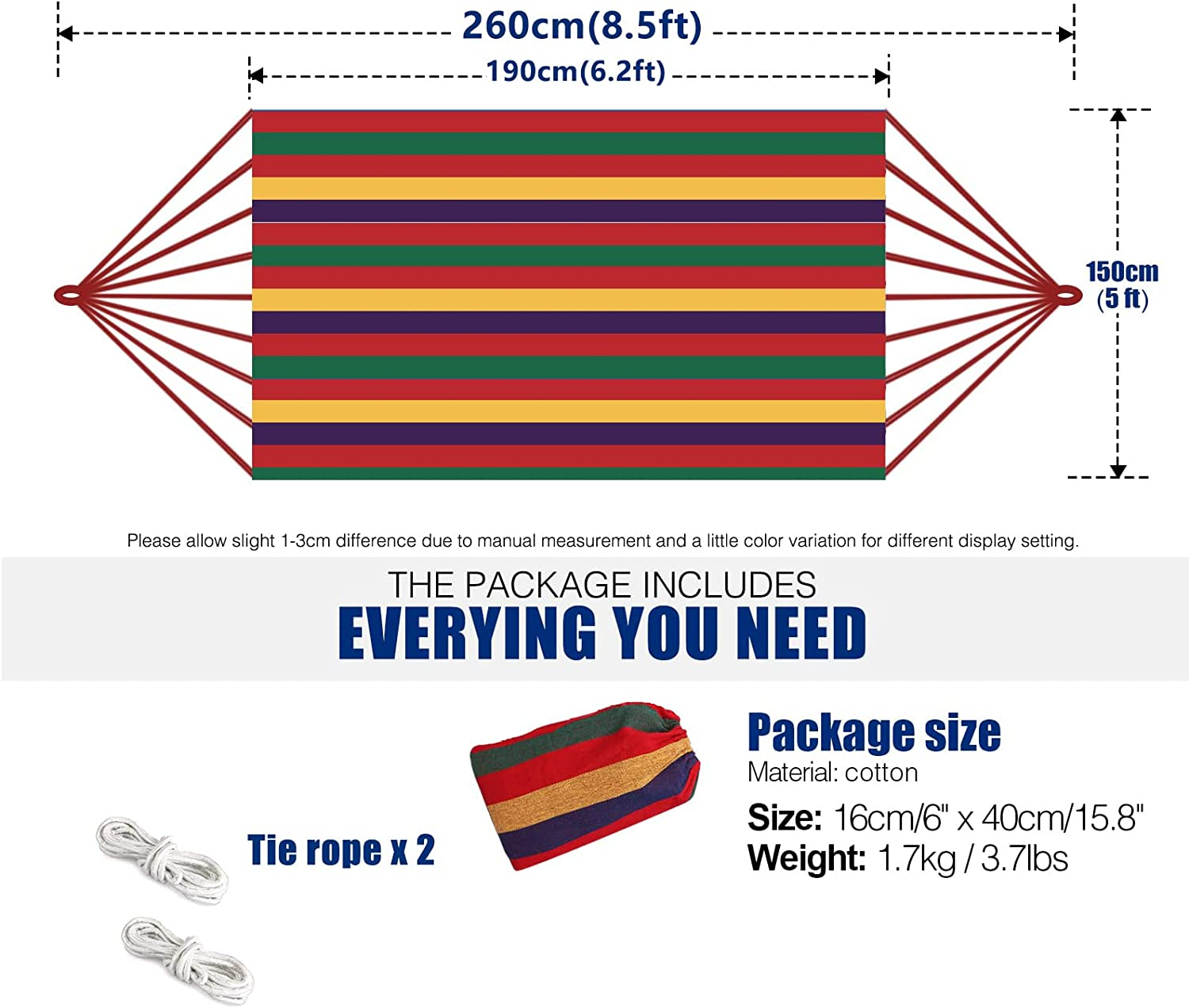 Hammock Colorful Multifunctional Camping Hammock, 8.5Ft X 5Ft Portable Double Parachute Hammock with Tie Rope Canvas Travel Hammocks for Outdoor Beachpatio Porch Garden Backyard Lounging (Red Stripe)